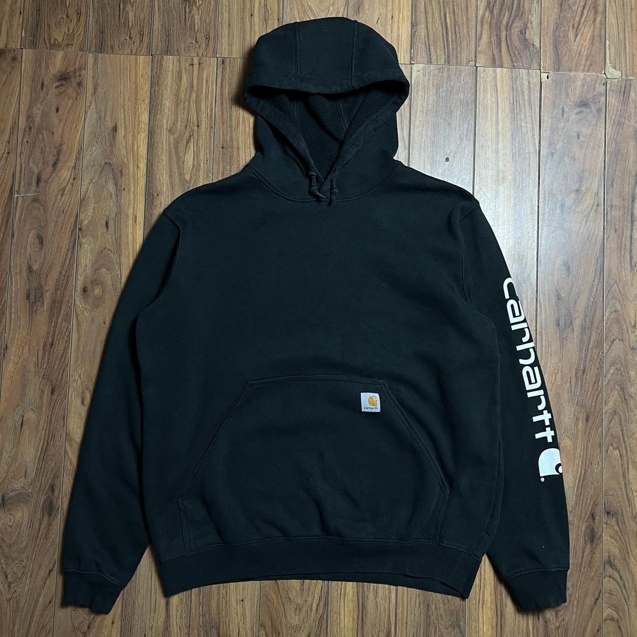 Black Carhartt Hoodie with sleeve spellout print -... - Depop