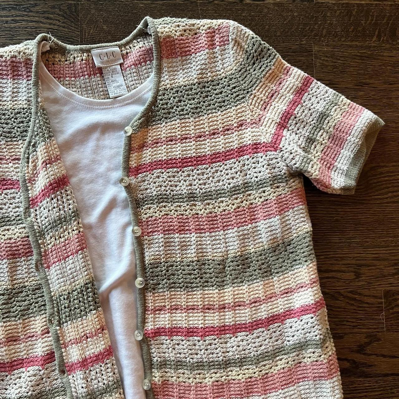 Vintage striped short-sleeved cardigan sweater with - Depop