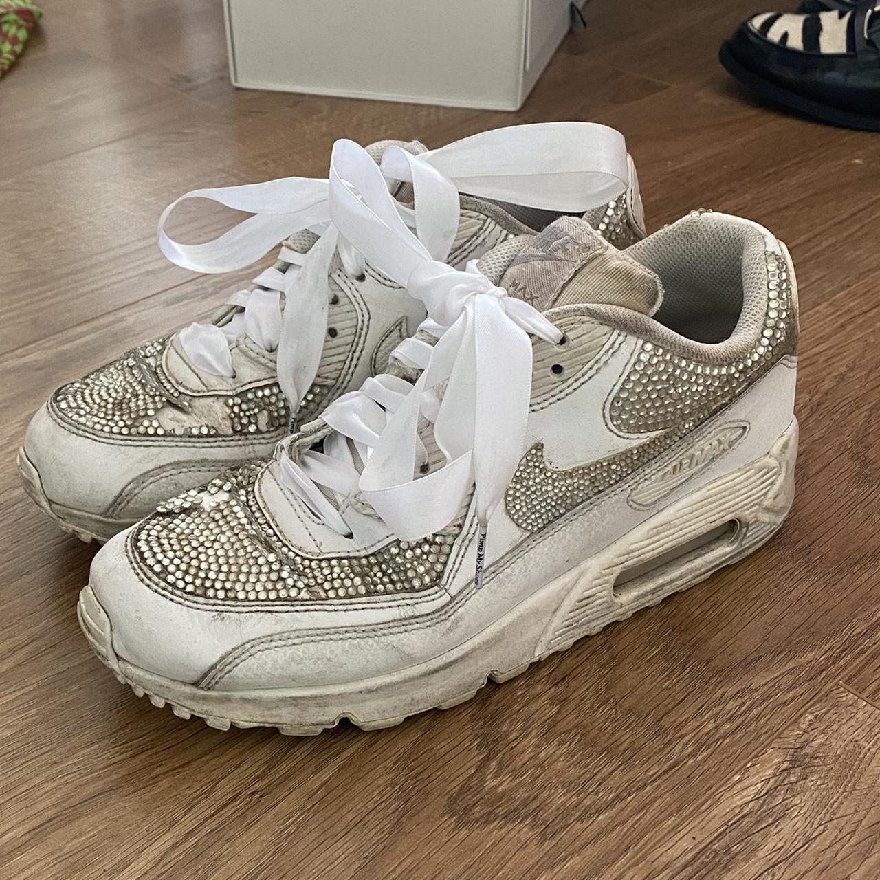 Nike Bedazzled White Air Max 90 Size 5.5 Used signs. Depop