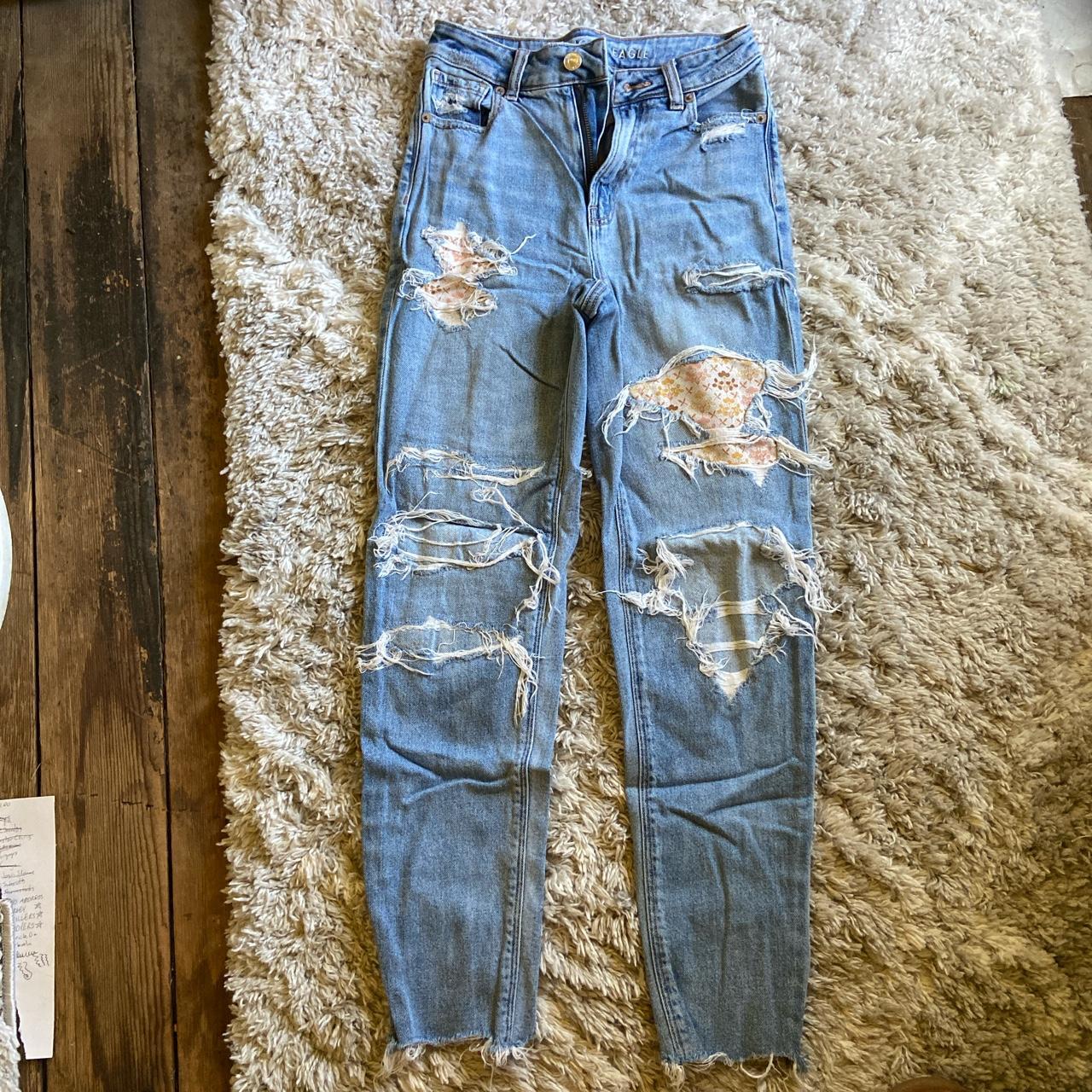 American Eagle patchwork ripped jeans mom straight