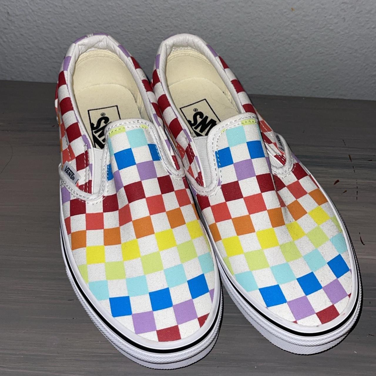 Rainbow checkered best sale vans slip ons