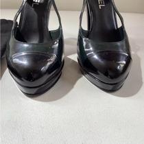 Chanel Beige/Black Patent Leather Open Toe Slide - Depop