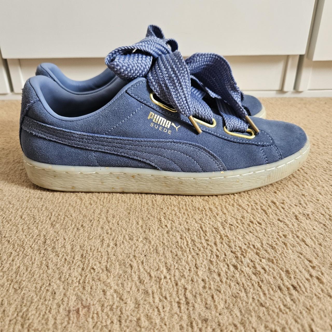 Puma blue and gold suede trainers with velvet laces. Depop