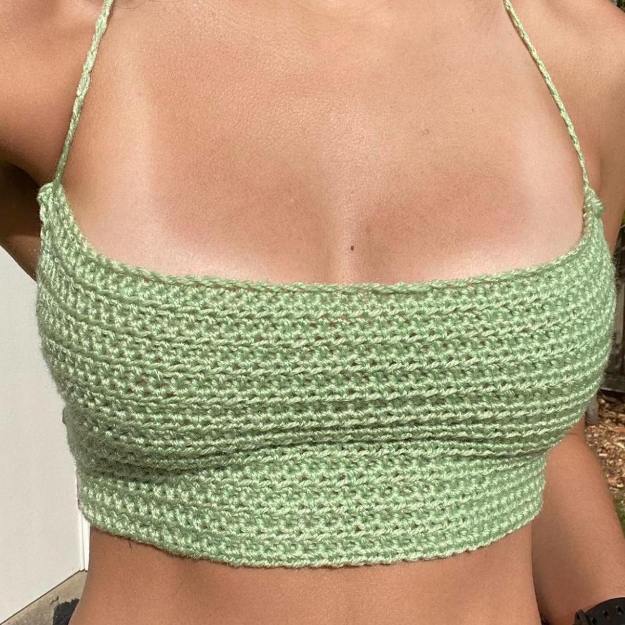 repop Sage Green Crochet Crop Top handmade straps... Depop