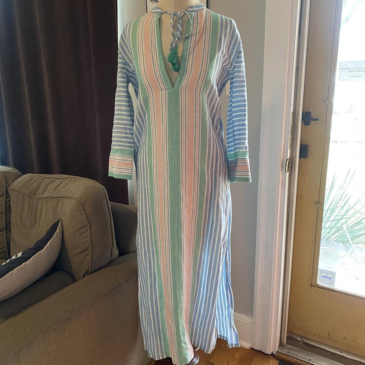 J crew blue green pink caftan stripe keyhole midi