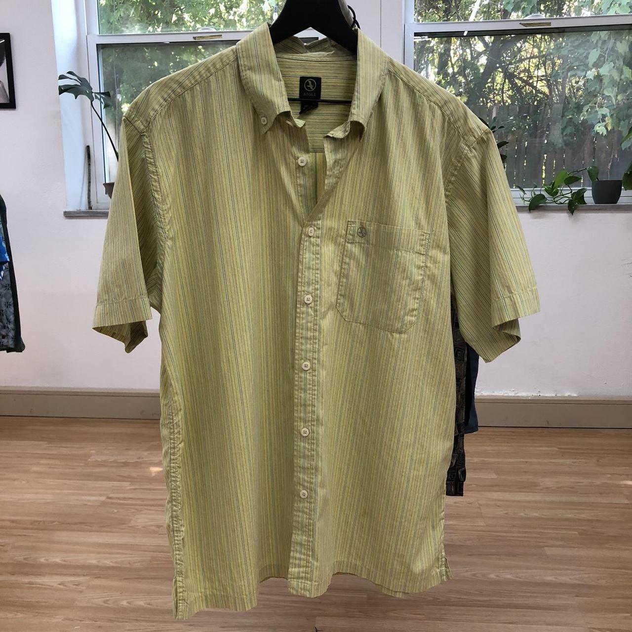 Mens aigle lime green striped button up shirt Size... Depop