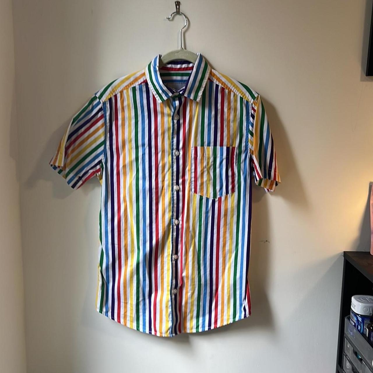 This XS, slim fit, bright rainbowstriped 🌈 button... Depop