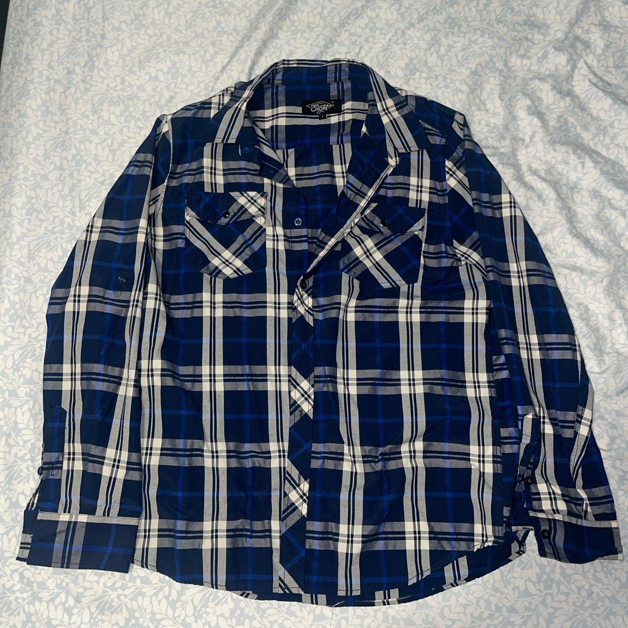 large eighty eight men’s blue & white plaid button... - Depop