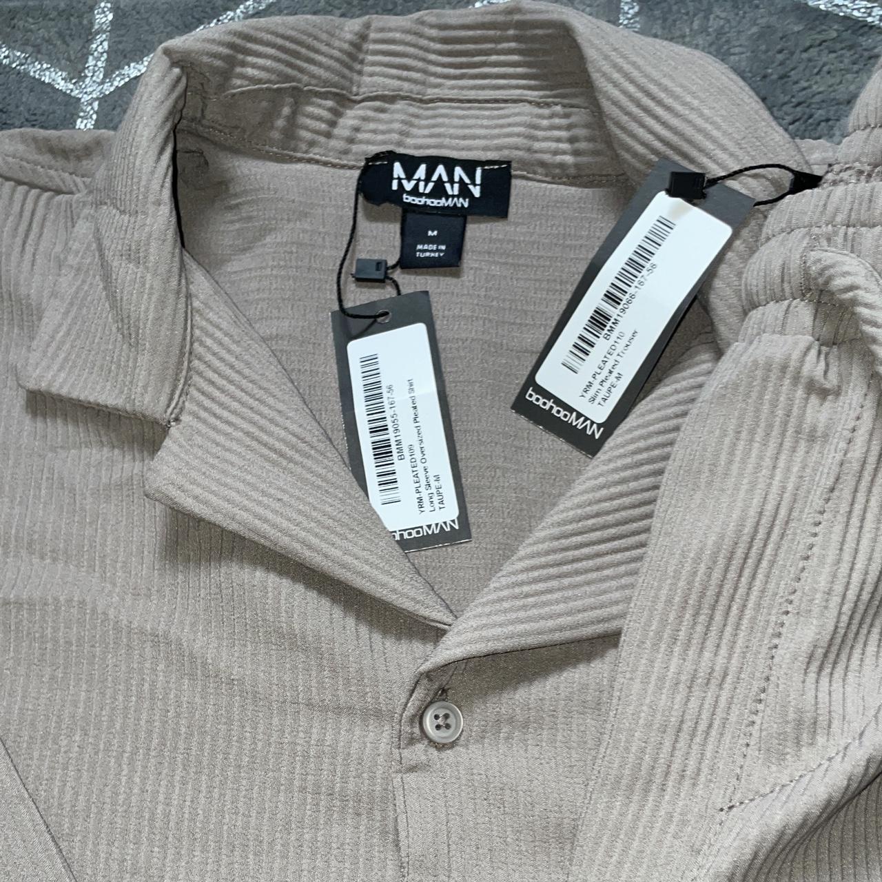 Boohoo Man Pleated Shirt and Trouser set Taupe... - Depop