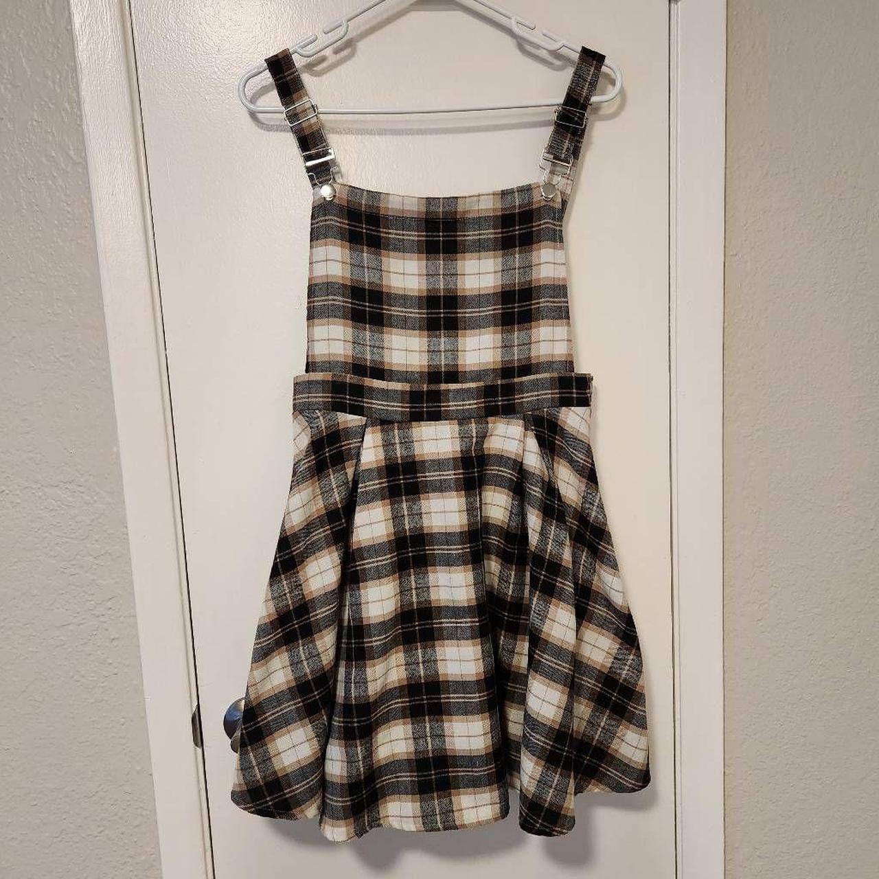 Black, white, and tan plaid pinafore or overall... - Depop