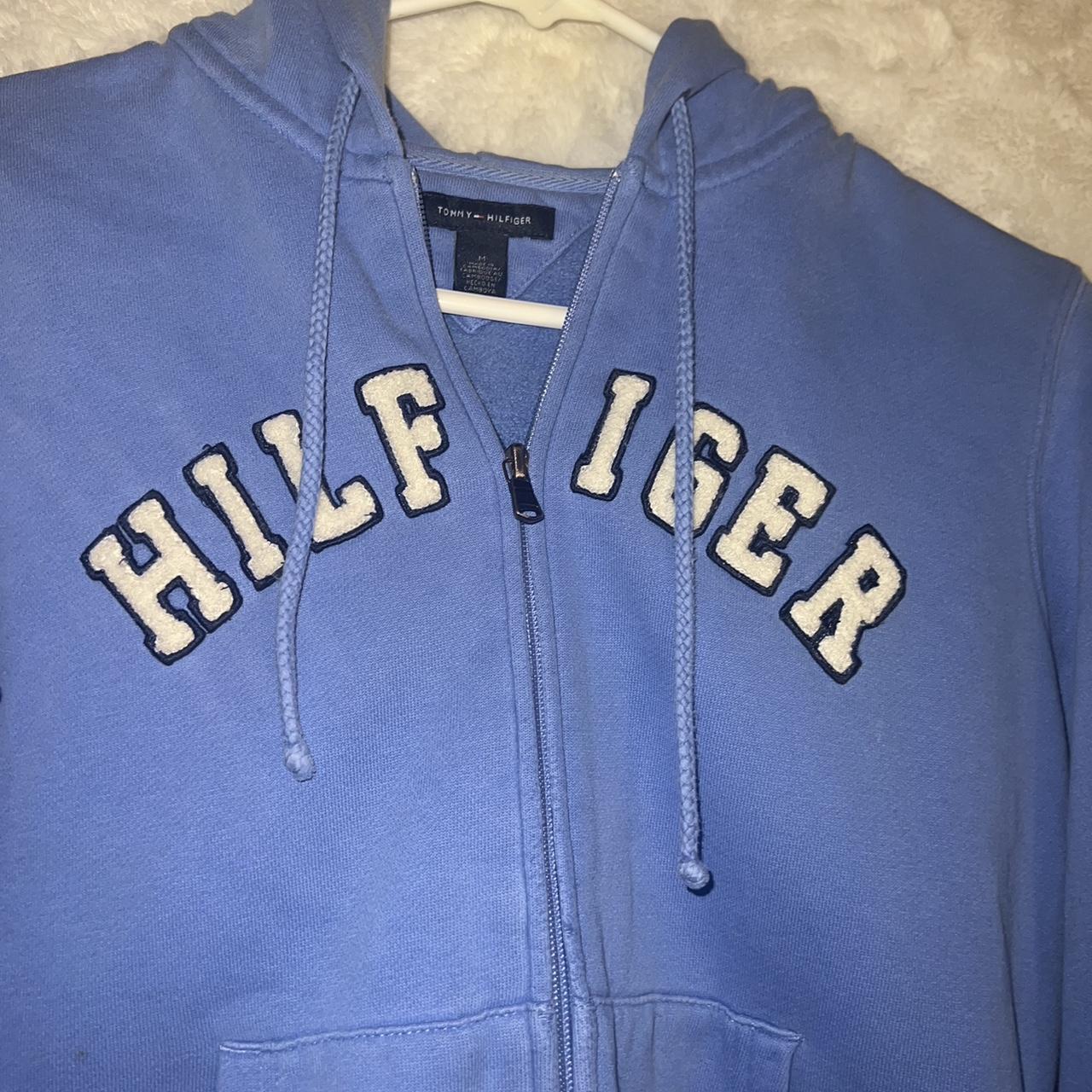 Tommy Hilfiger Women's Blue and White Hoodie Depop