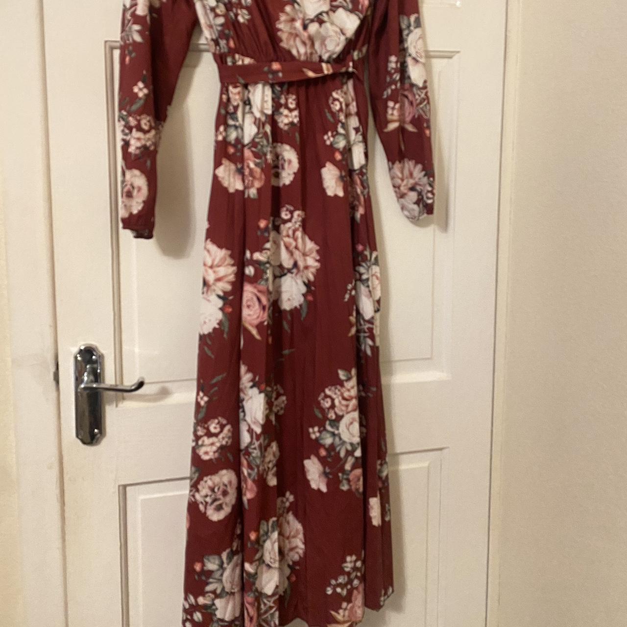 Burgundy red floral maxi dress with long sleeves and... | Depop