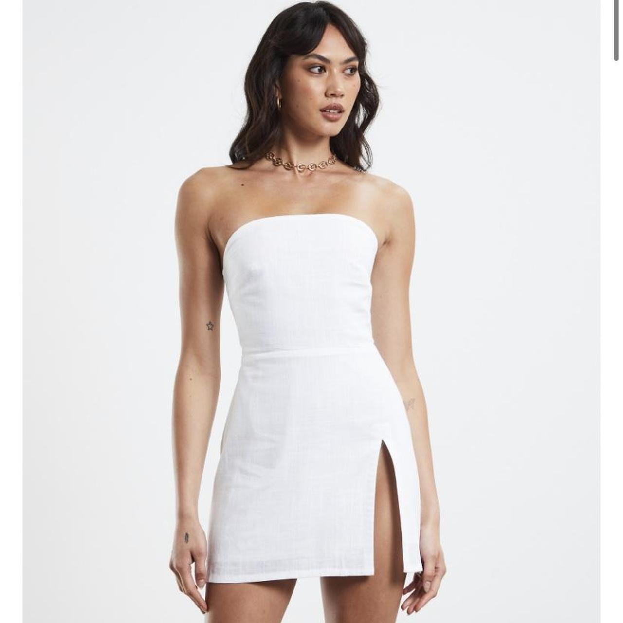 SNDYS Serena Mini Dress White linen strapless dress... - Depop