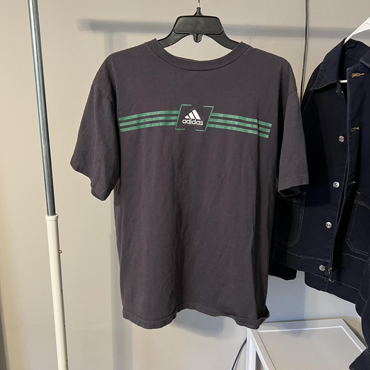 Dark Grey Stripped Adidas T-Shirt Size: M Vintage - Depop