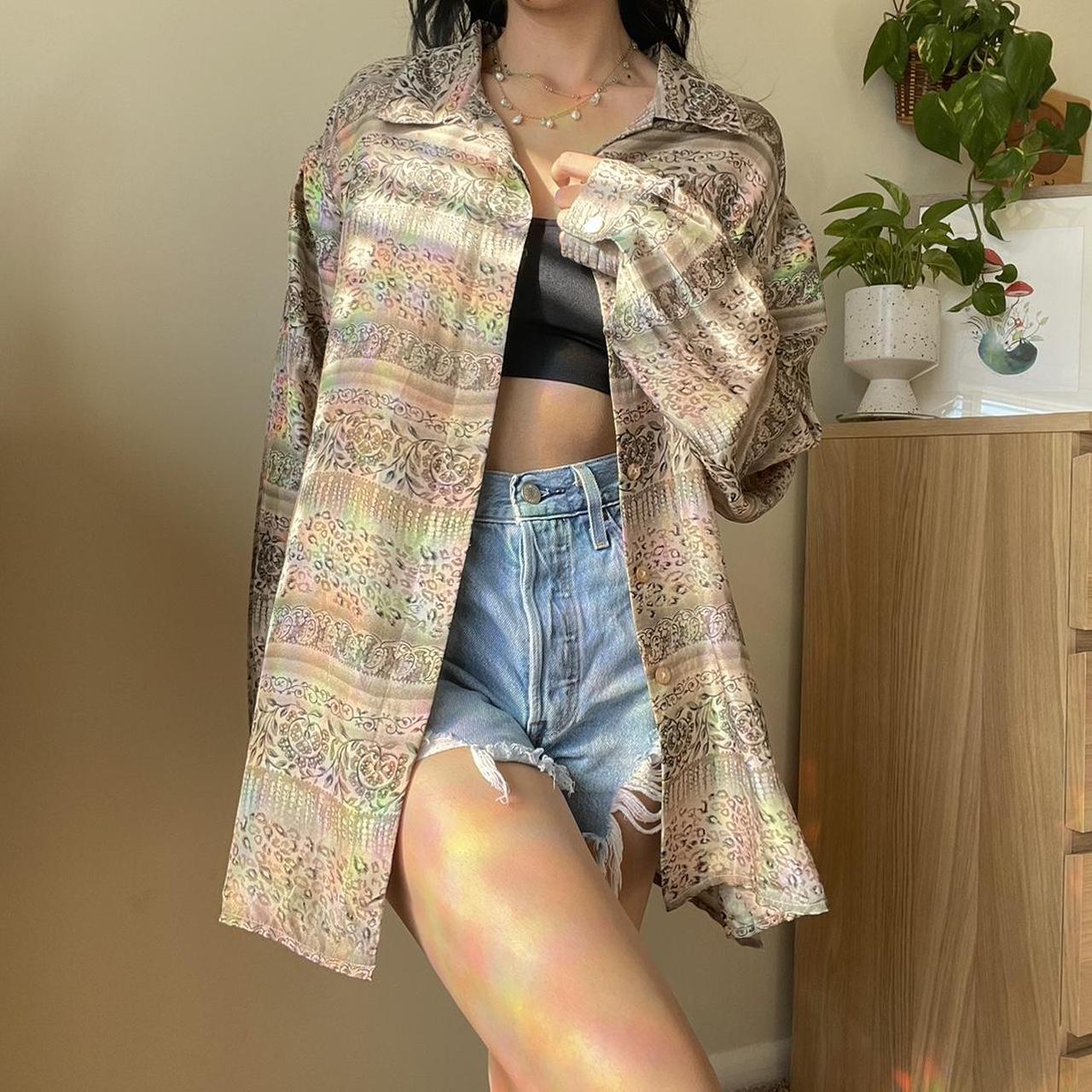 Vintage green button up long sleeve. Unique floral,... - Depop