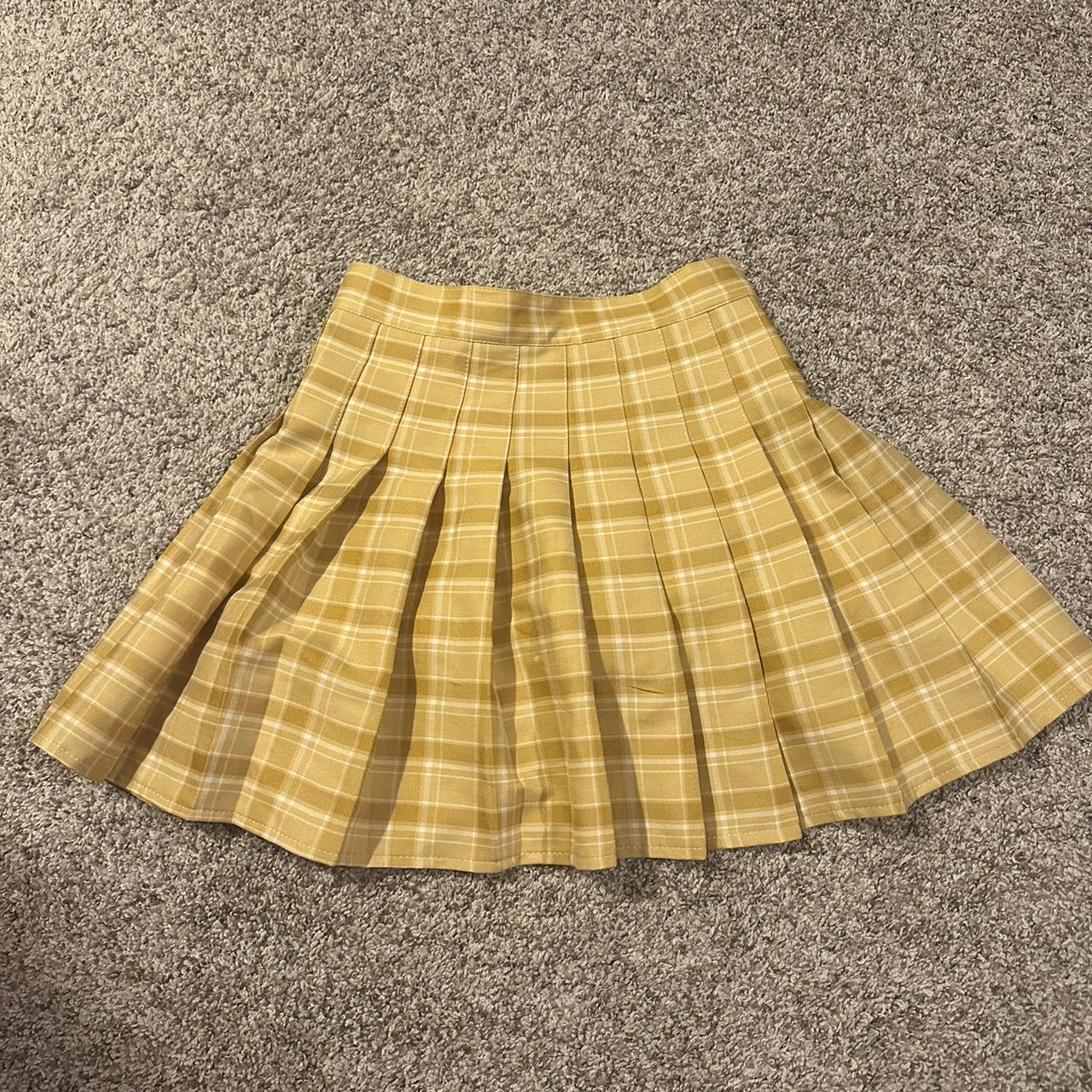 plaid pleated xs skirt, yellow worn only once, in... - Depop