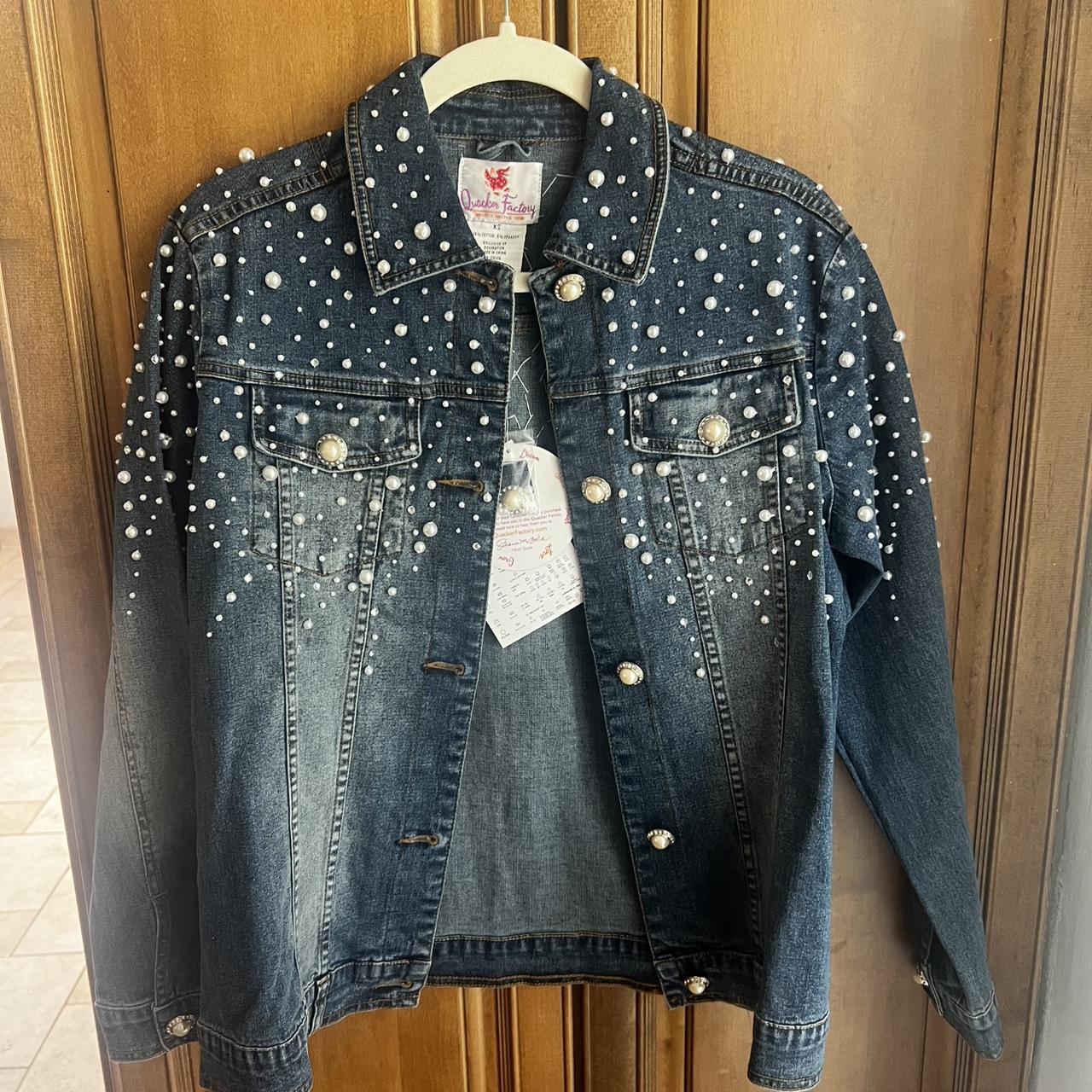 Pearl embellished denim jacket with pearl Depop