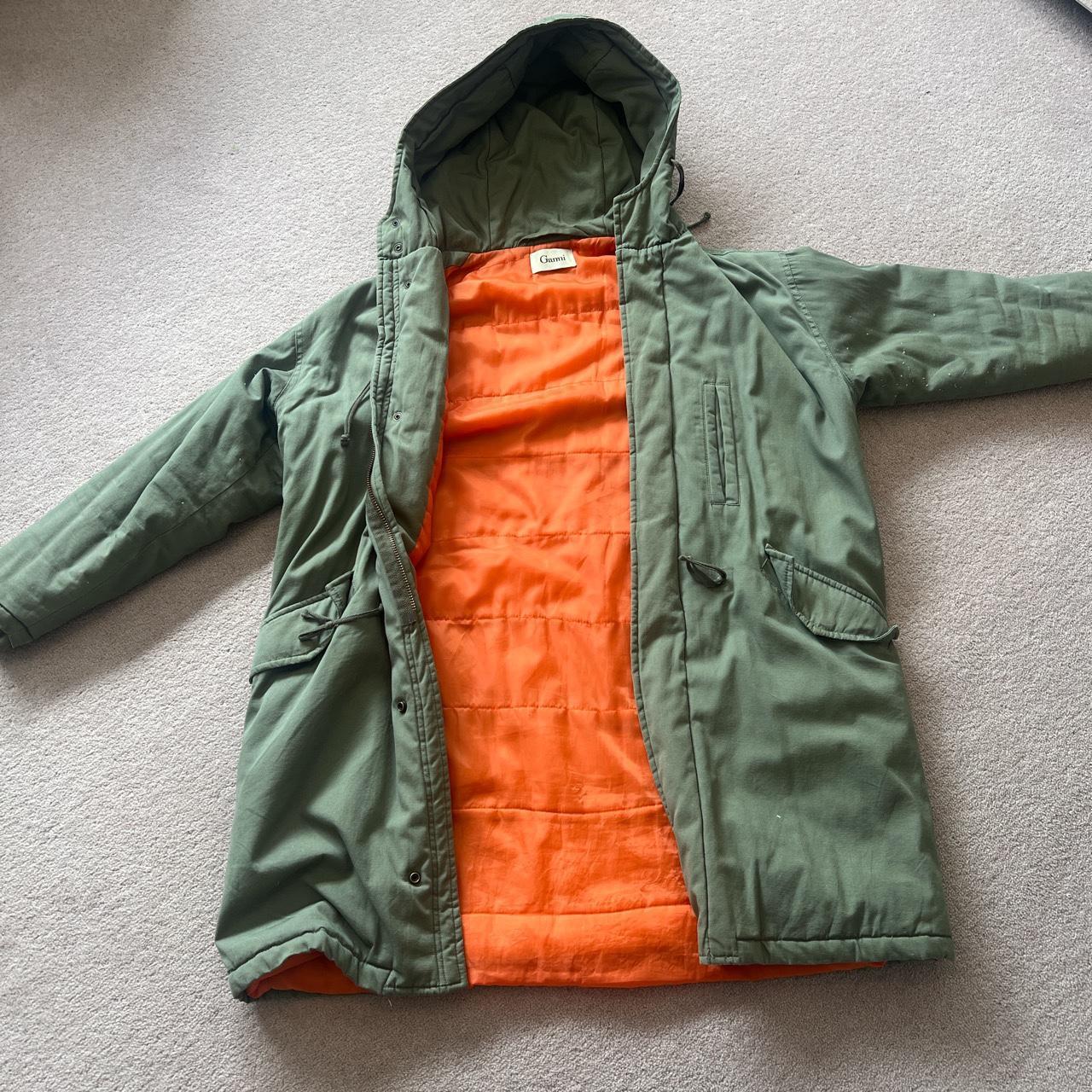 Ganni army green parka with orange lining size