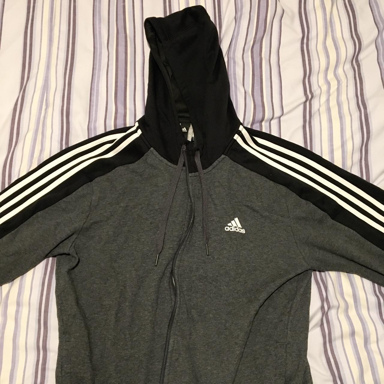 Adidas zip up hoodie in grey black and white mens... - Depop