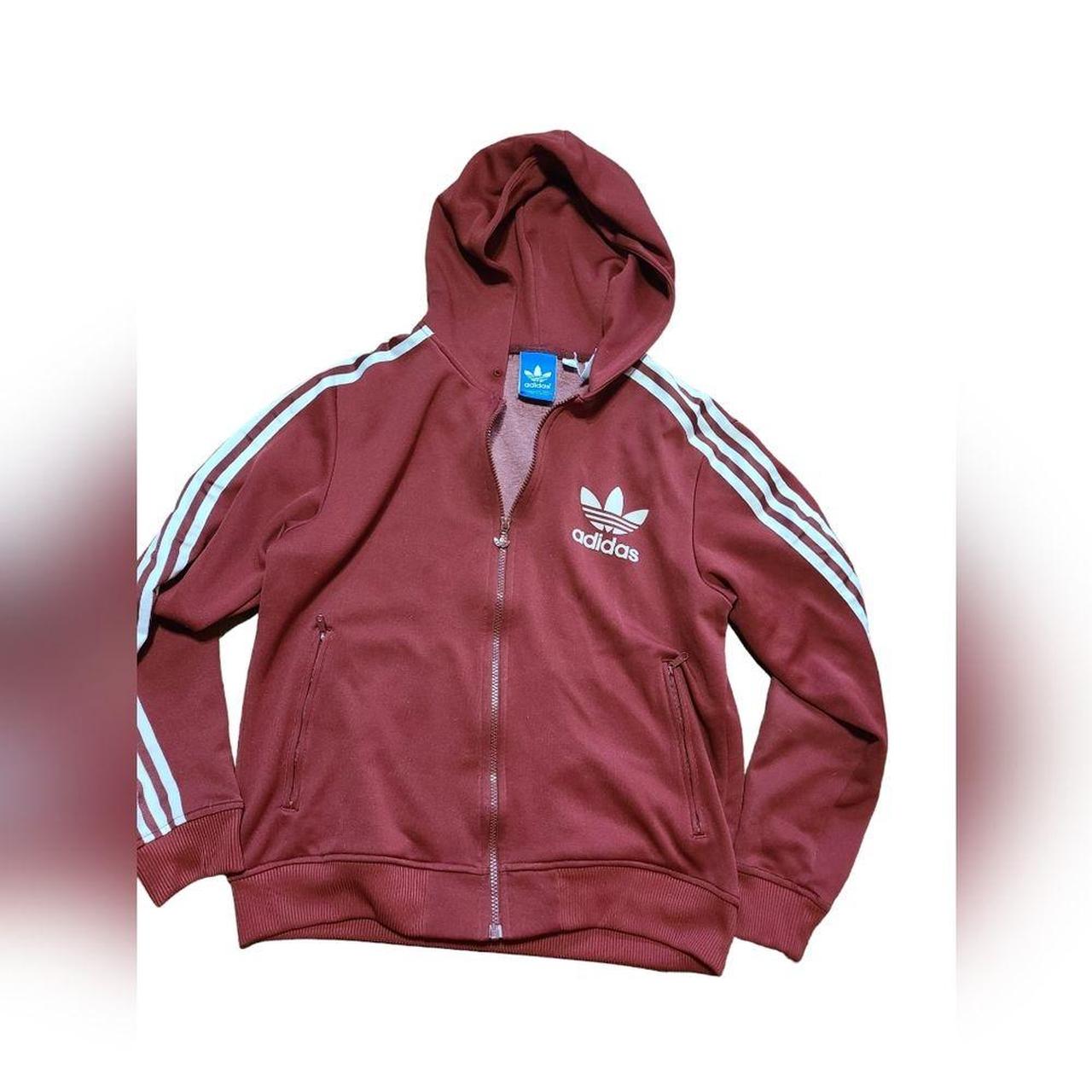 Dark red Adidas Zip up Hooded Jacket. Sample tag