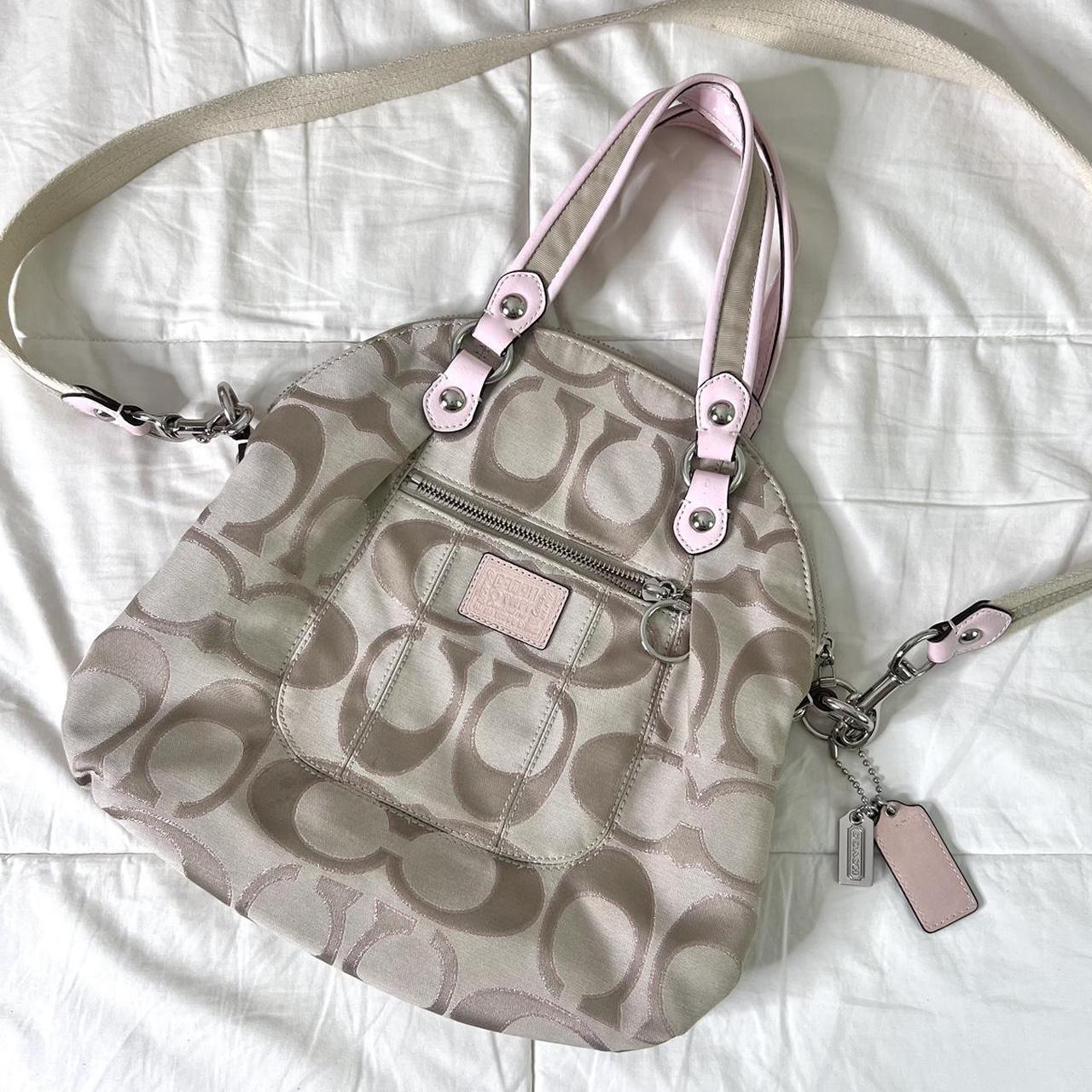 Dark brown coach handbag. Bag has pink strap & pink - Depop
