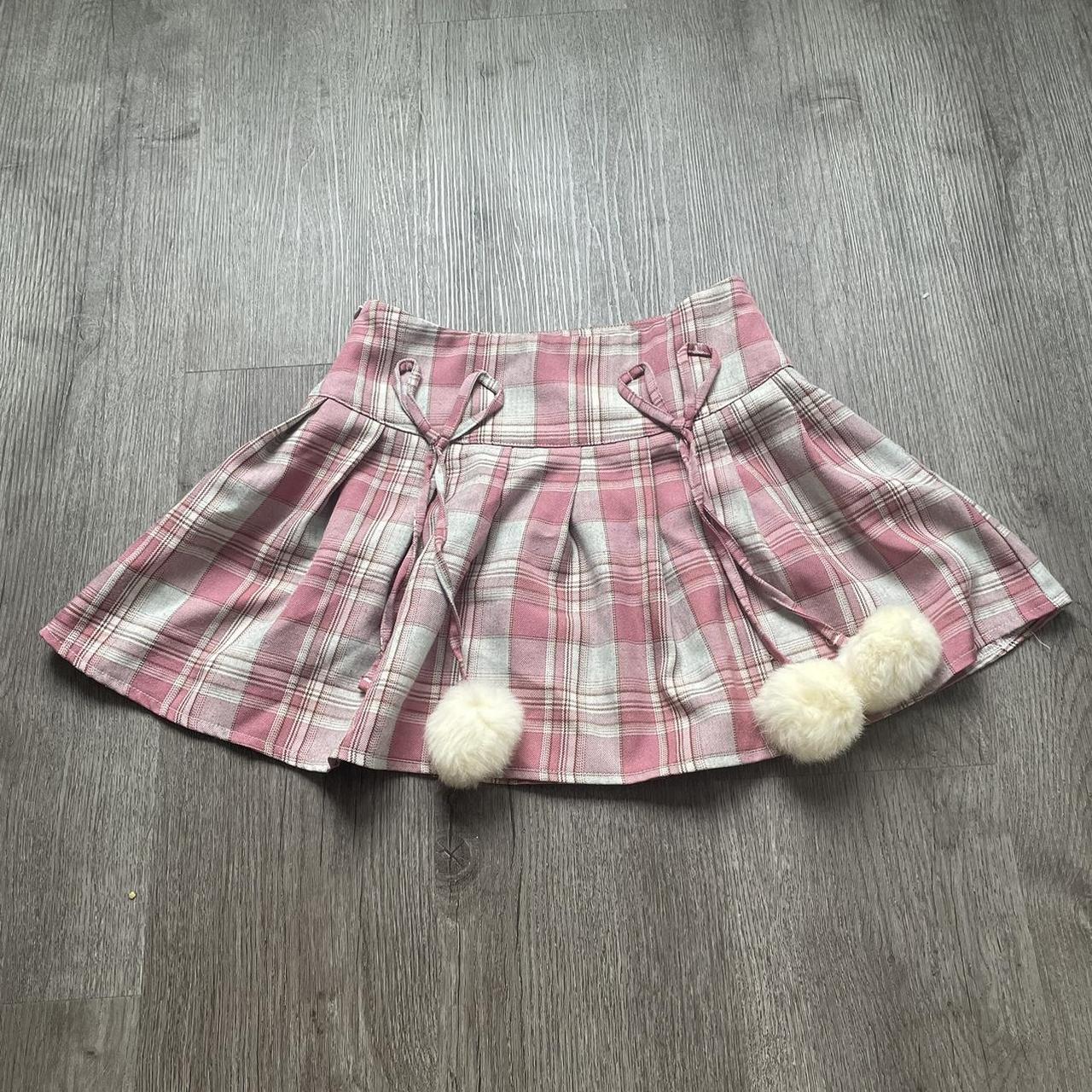 🌱adorble Pink Plaid Mini Skirt With Cream Pompoms Depop