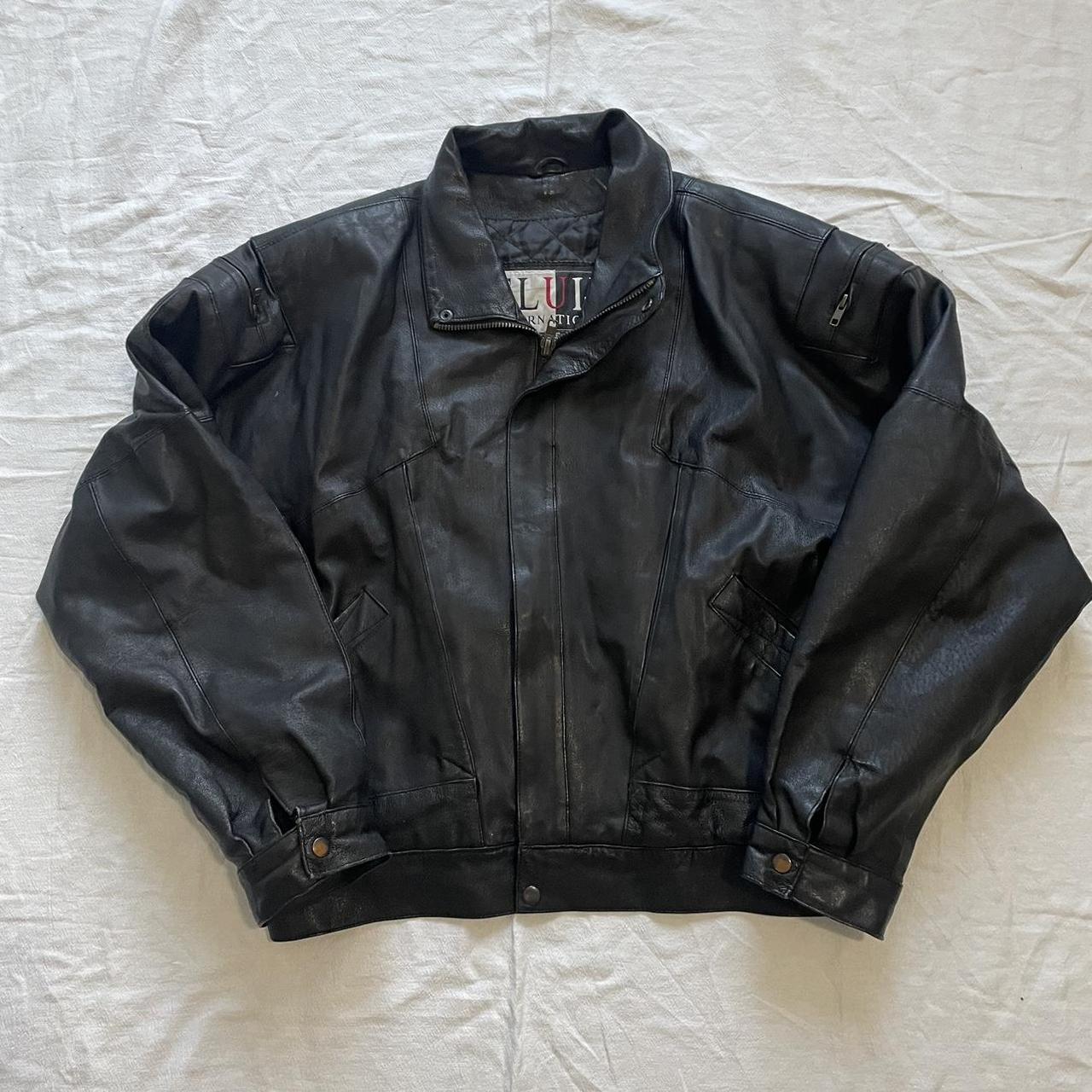 Sick black leather vintage bomber jacket ・₊ ~... - Depop