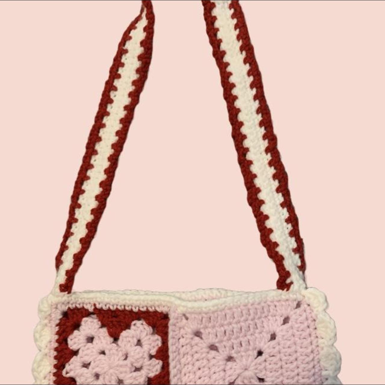 Granny Square Heart Crochet Bag Pink, White, - Depop