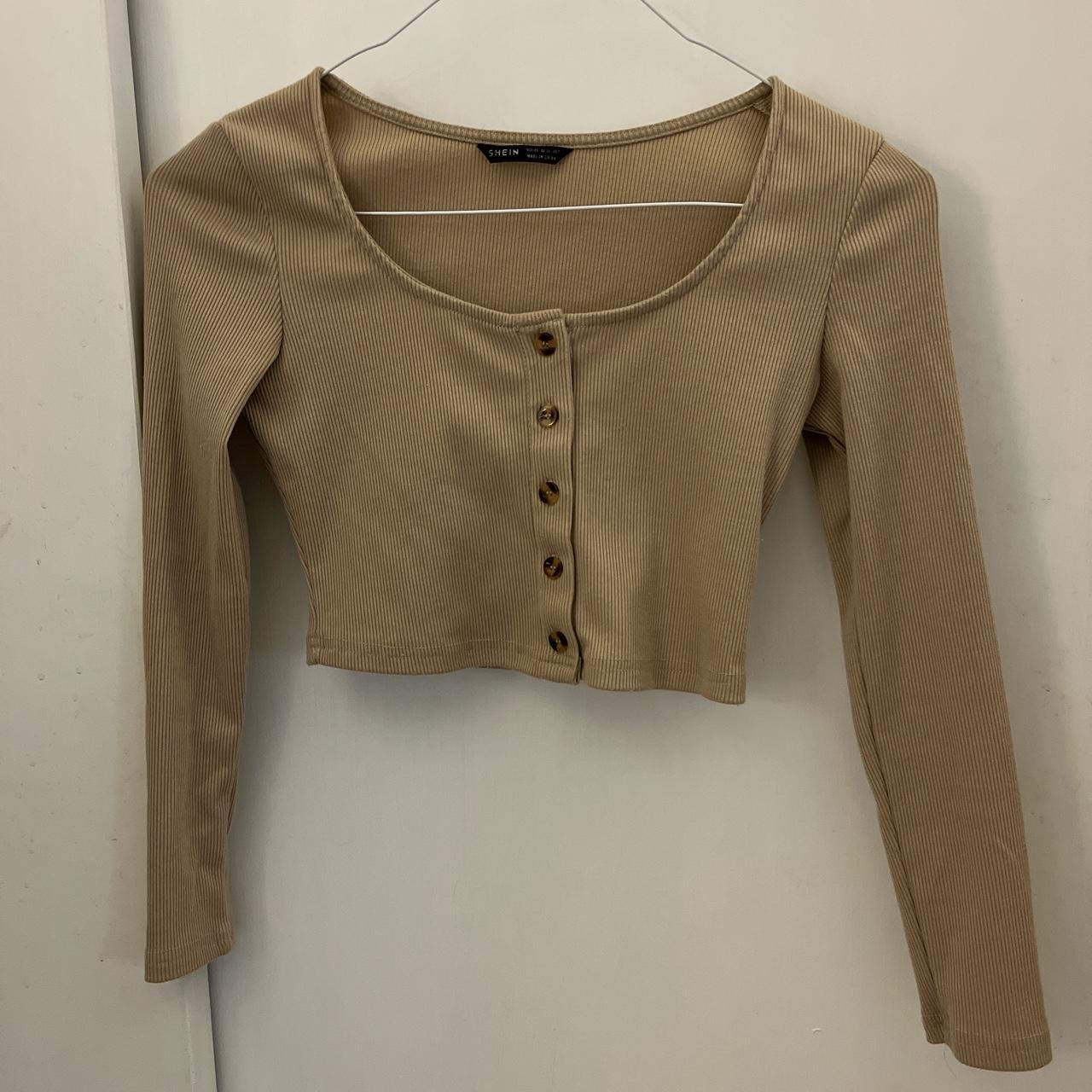 light brown button up ribbed cropped long sleeve - Depop