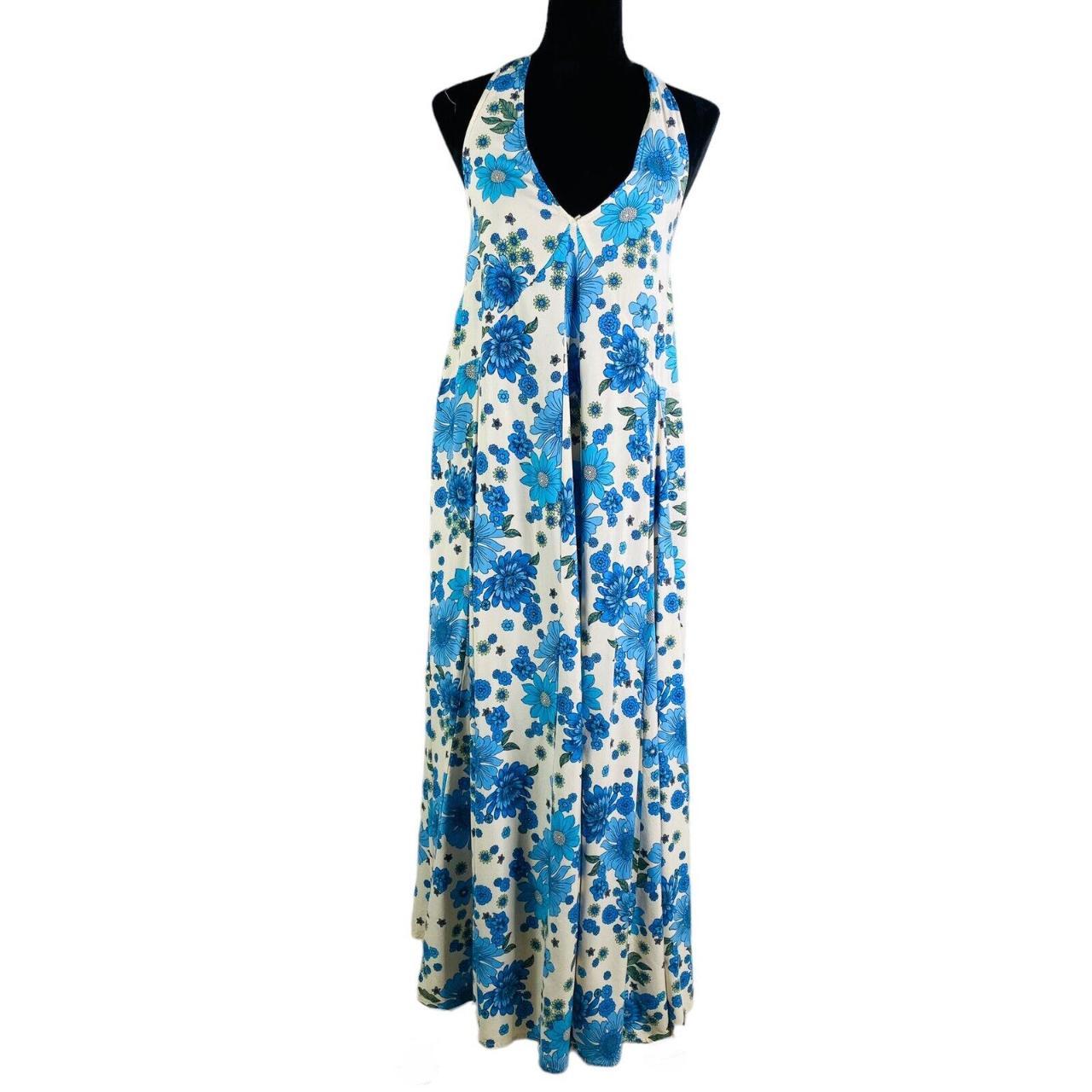 Aakaa Leah Halter Dress Blue Floral Maxi Dress Size... - Depop