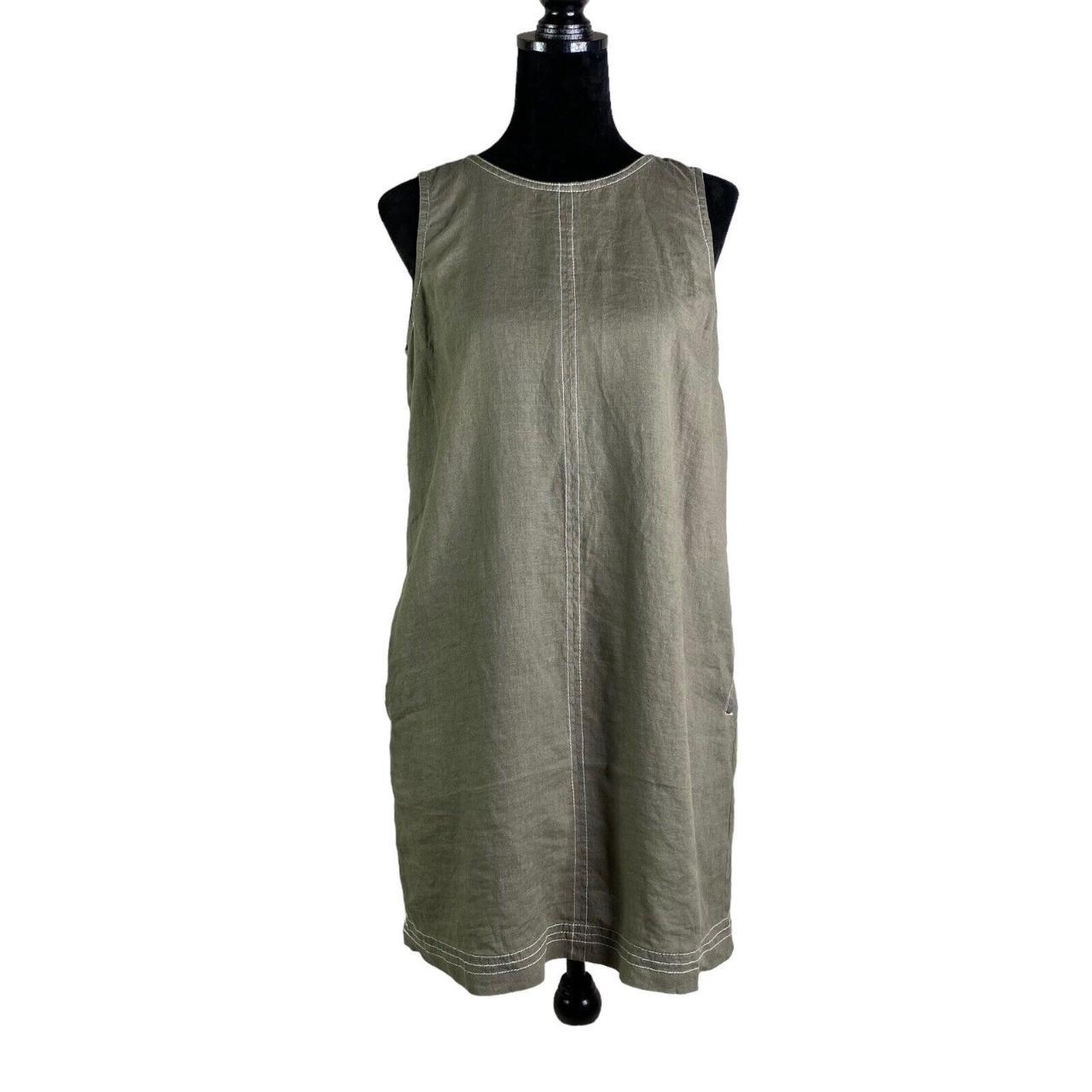 Michael Stars Women's Green Linen Shift Dress Olive... - Depop