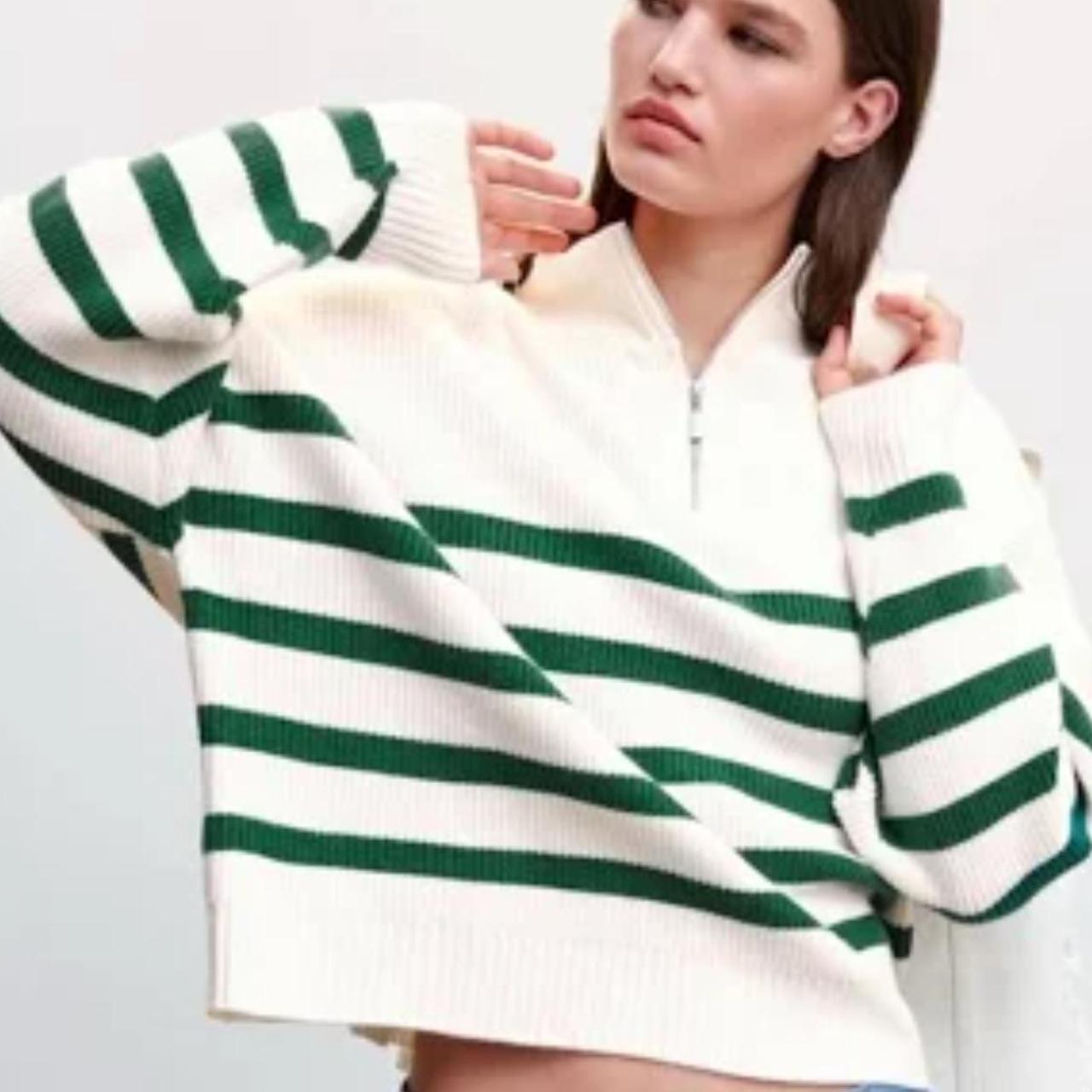 Mango Women's Sweater - Green/White - L – Mango Green and White Striped Quarter Zip …
