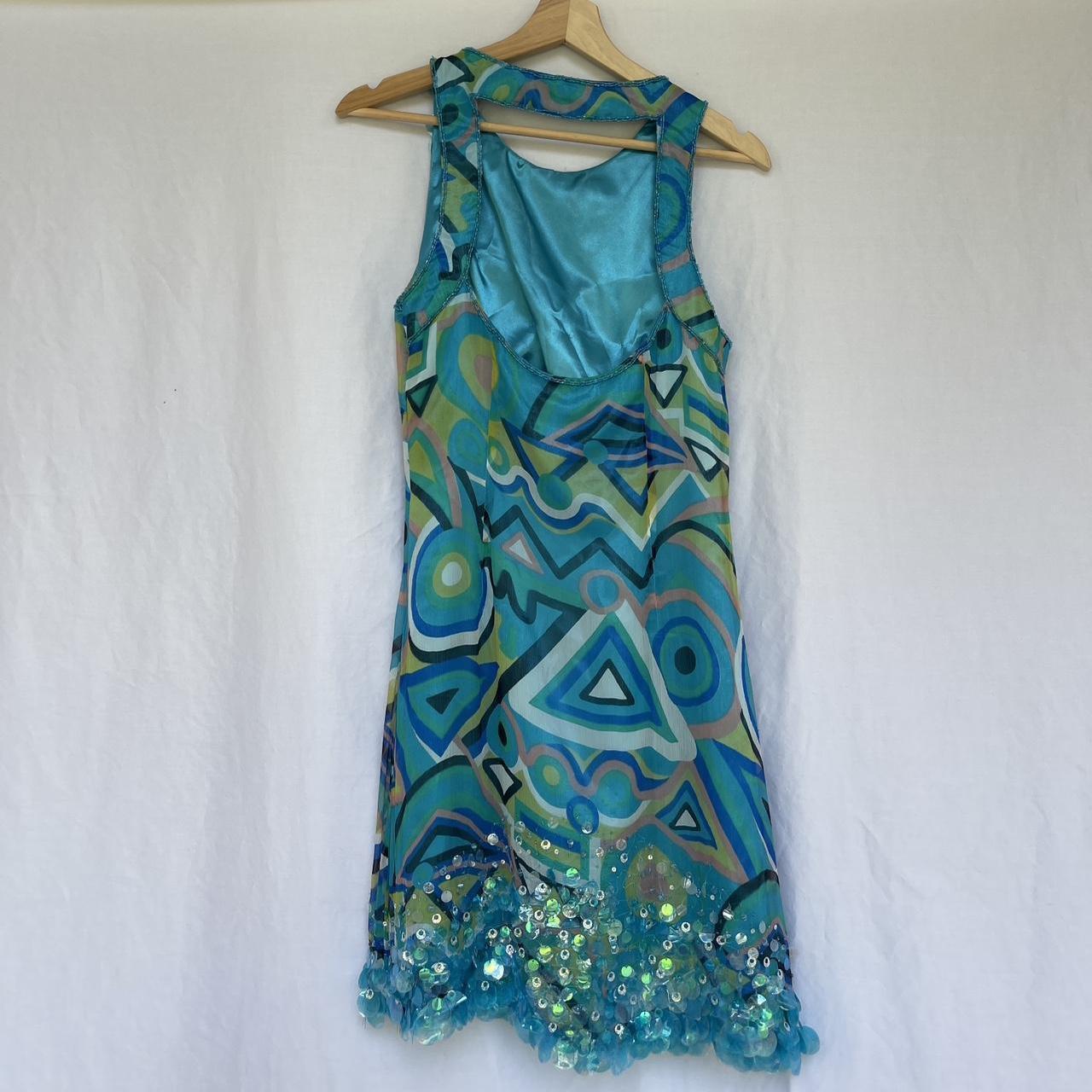 Y2k Sue Wong Blue and Green Silk Abstract Midi Dress... - Depop