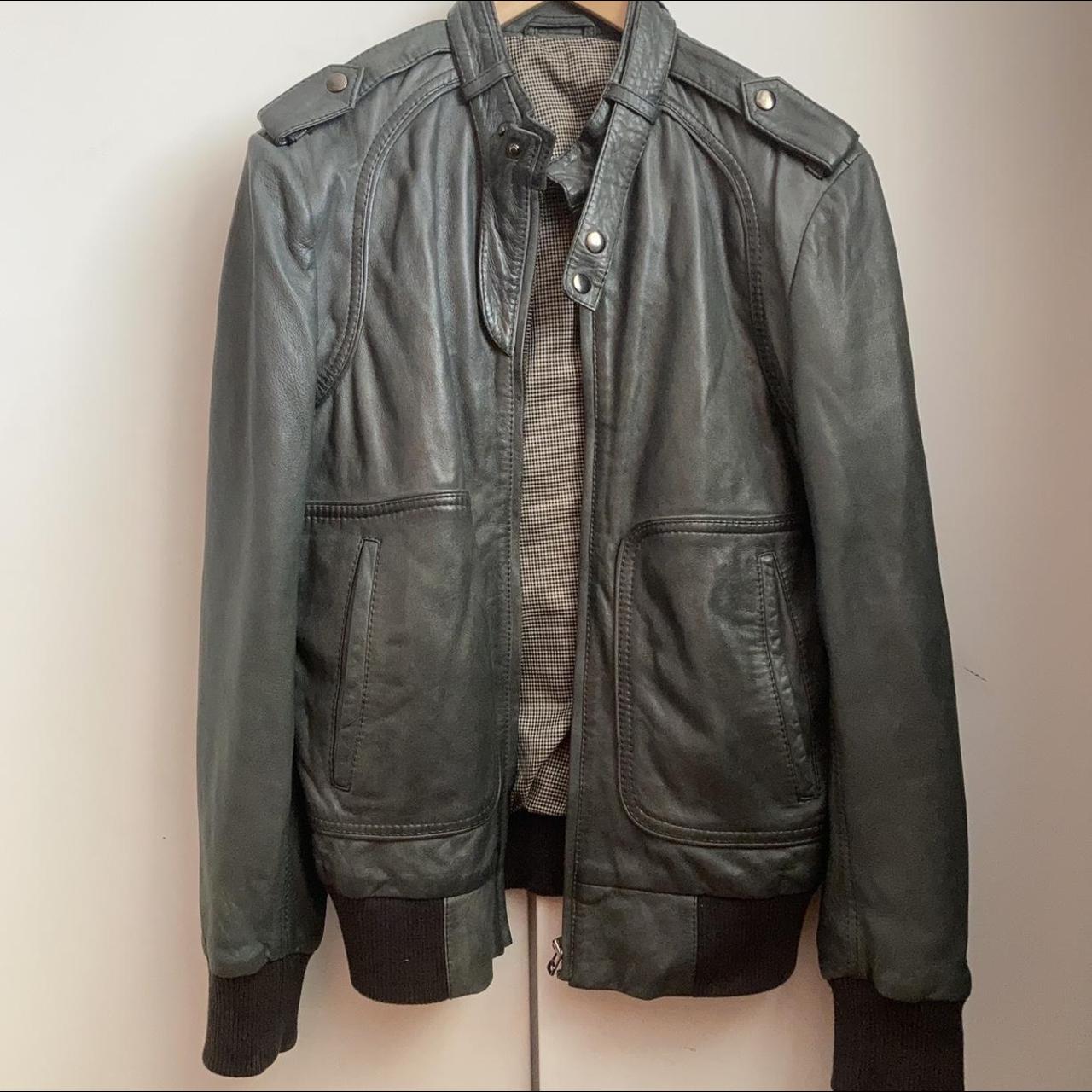 Grey Leather Bomber Jacket by Burton. Size Medium,... Depop