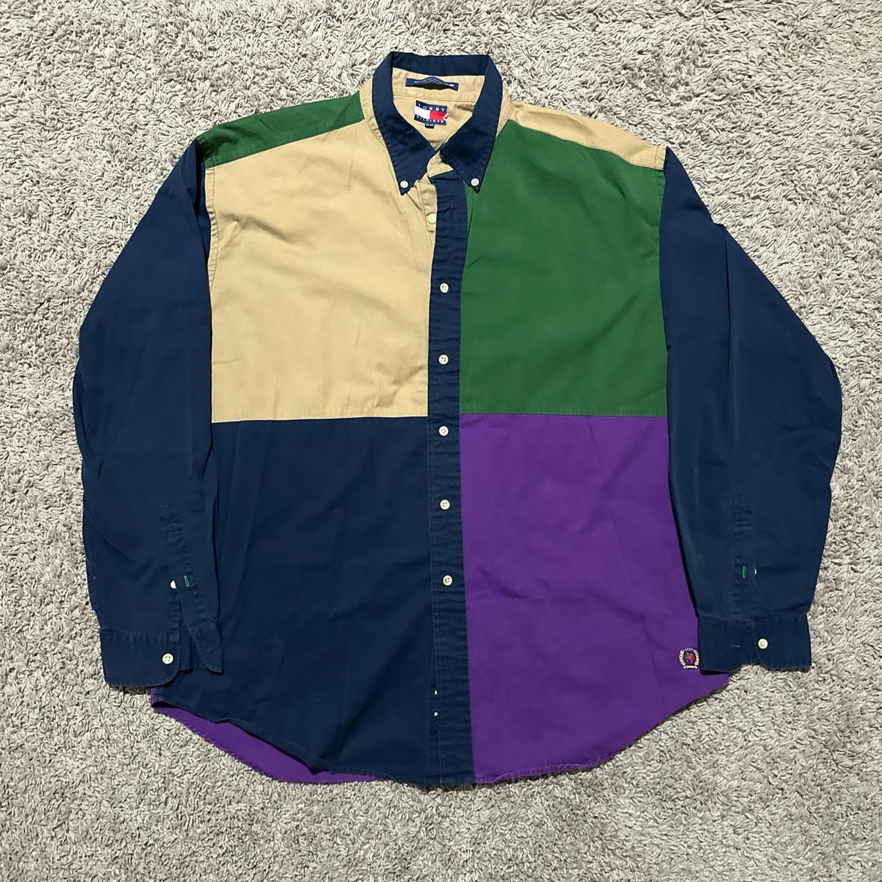Vintage 90s Tommy Hilfiger Color Block Button Up... - Depop