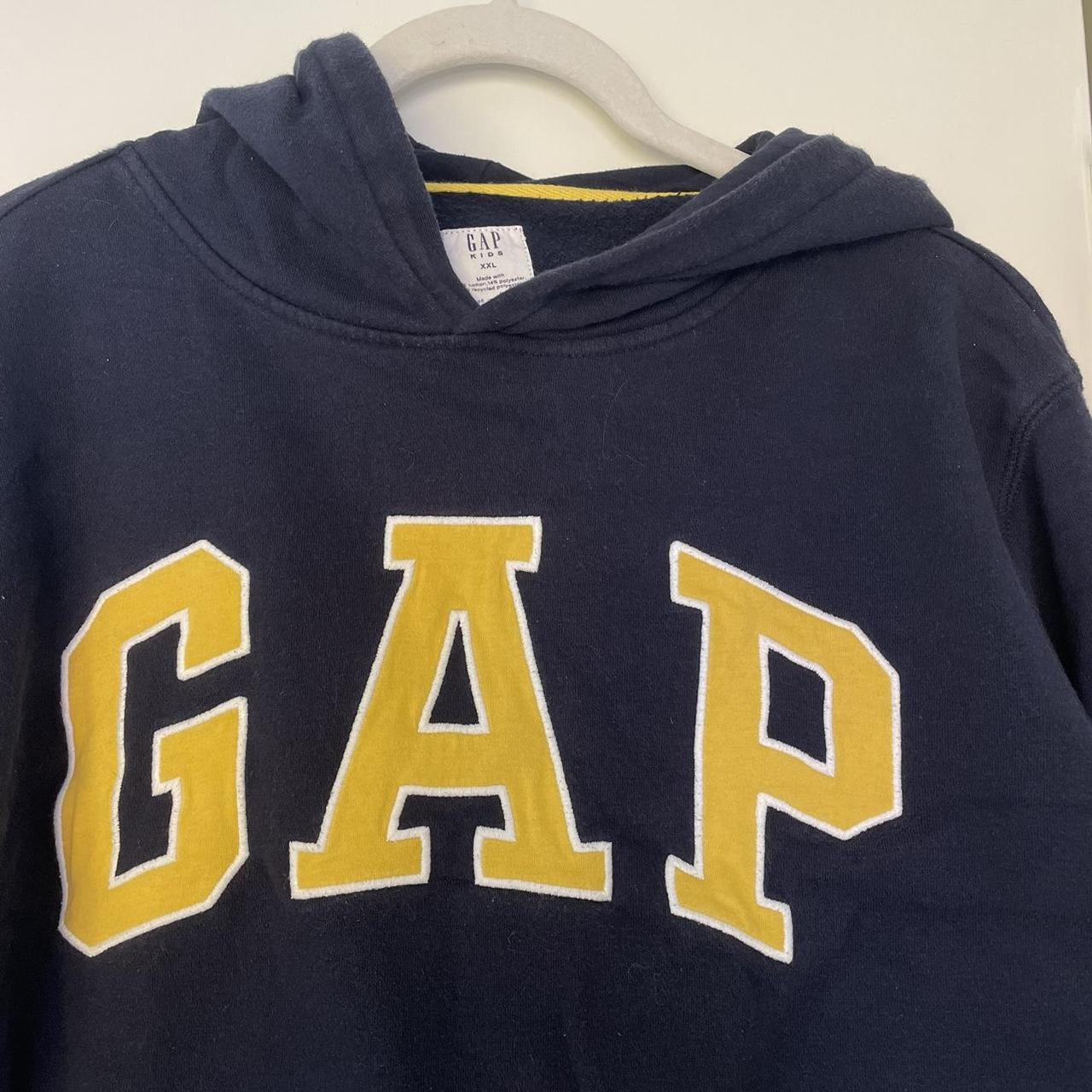 Navy gap hoodie with yellow letters Kids XXL -... - Depop