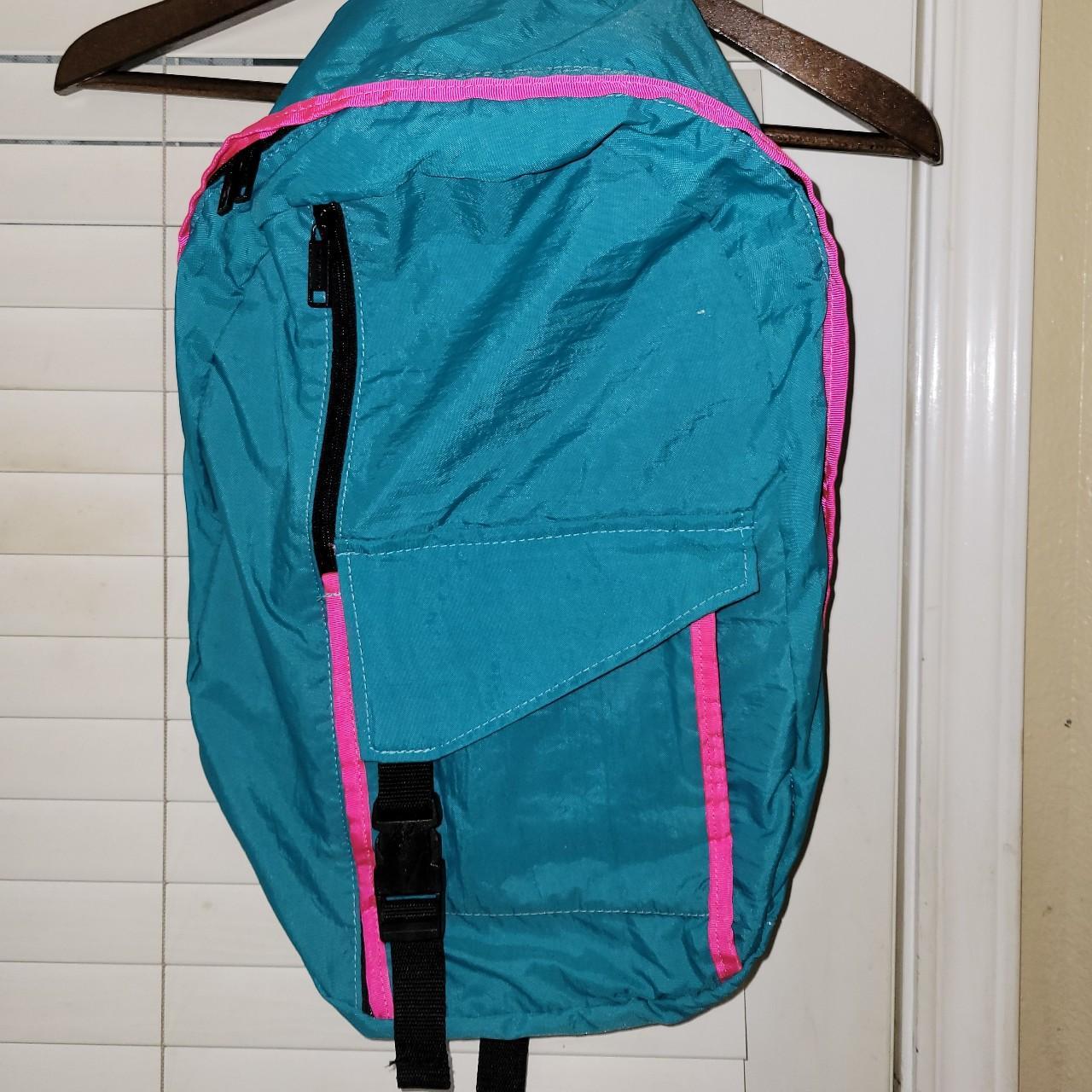 90s Timber Top backpack. Teal with hot pink accents.... Depop