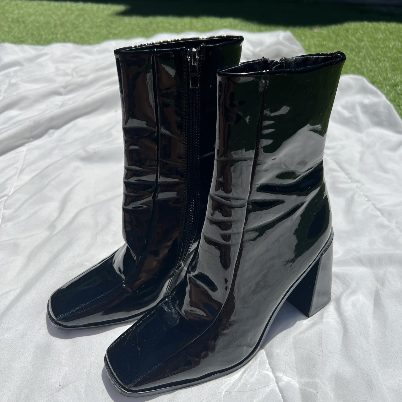 Square up patent deals faux leather boot