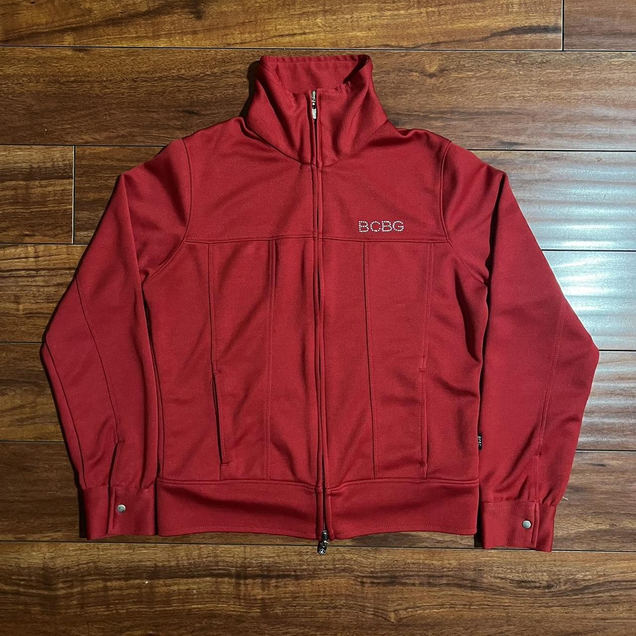 BCBG Sports red Track Jacket bedazzled BCBG logo