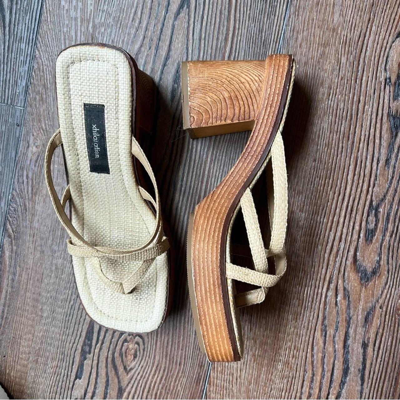 Vintage 90s Platform Sandals Straw Tan Yellow Size... - Depop