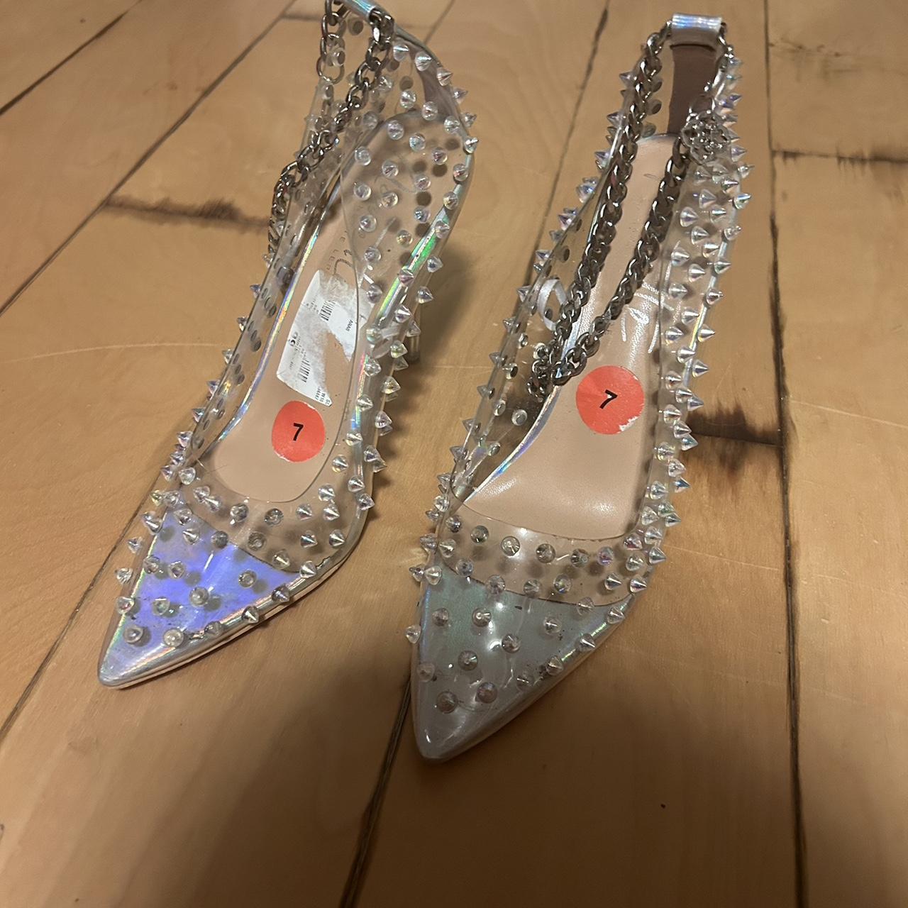 Holographic, spiky, iridescent heels with a chain... - Depop