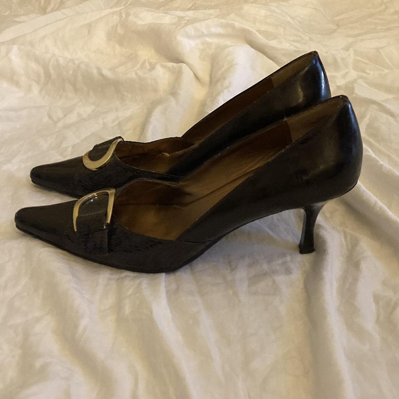 Pointy kitten heel featuring faux gold detail, has... - Depop