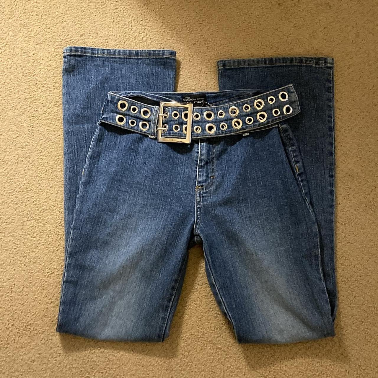 Y2k grommet belt flare jeans featuring faded denim... Depop