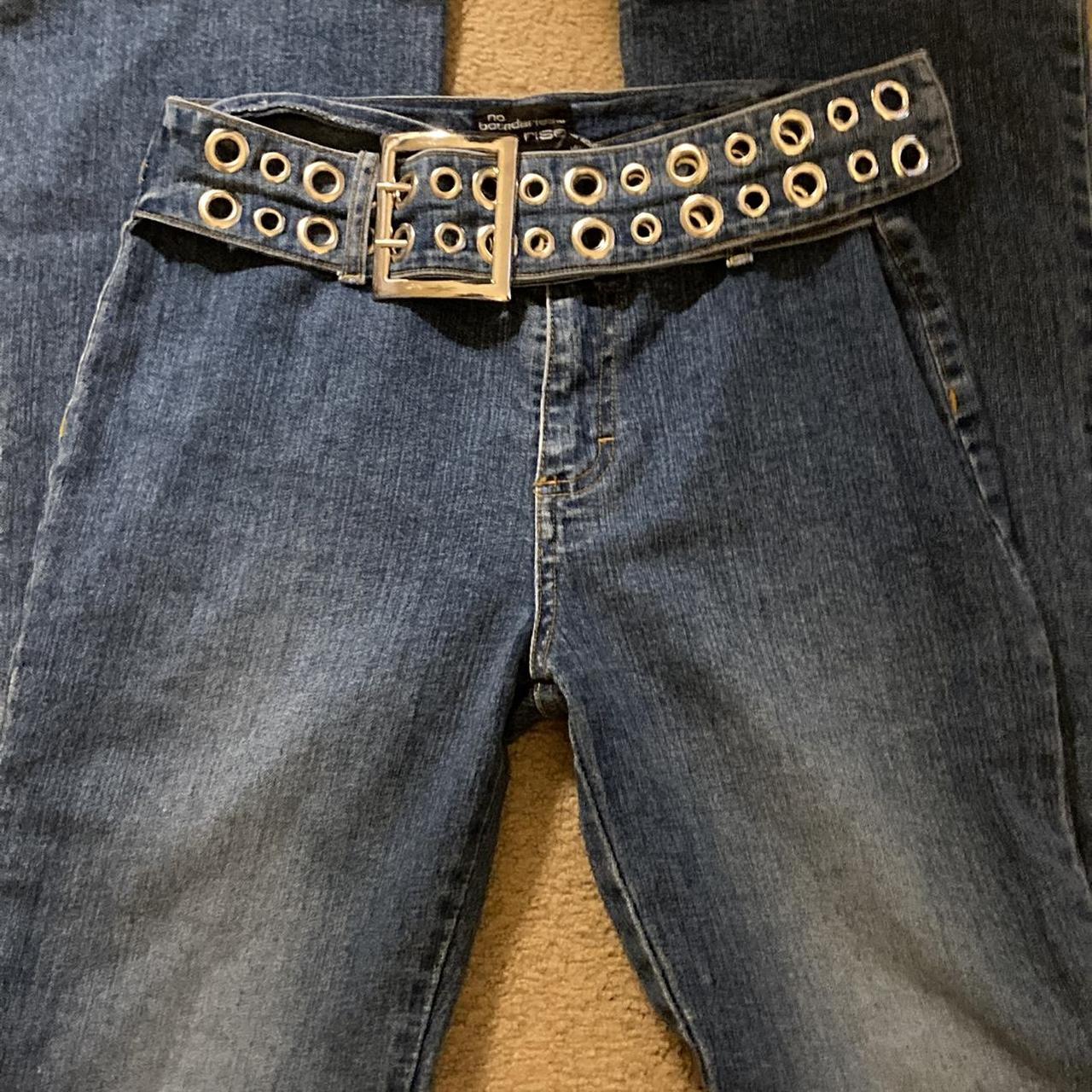 Y2k grommet belt flare jeans featuring faded denim... Depop