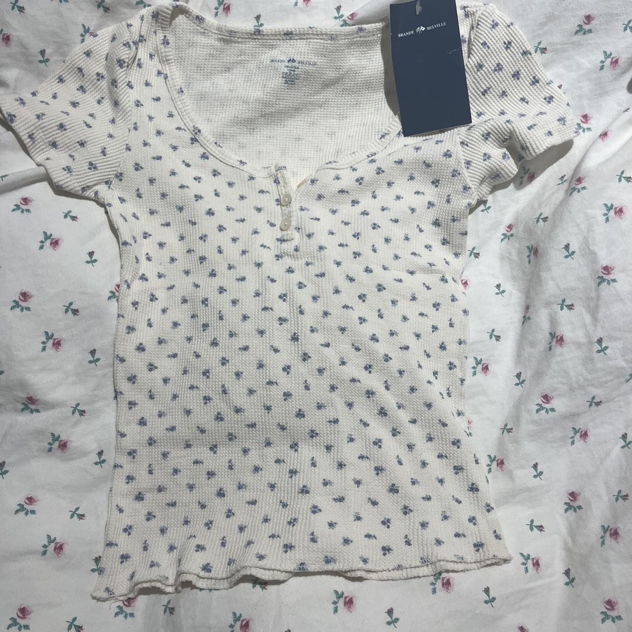 Brandy melville waffle top Cream floral zelly... - Depop