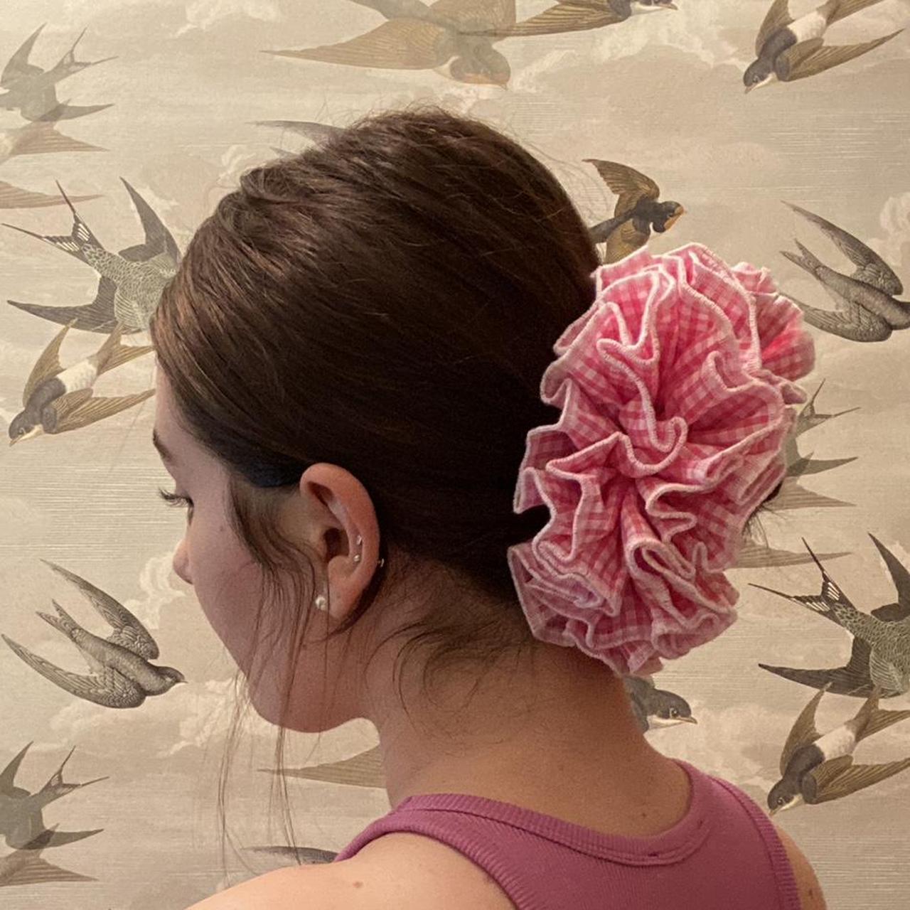 GIANT RUFFLE SCRUNCHIE pink gingham scrunchie with... - Depop