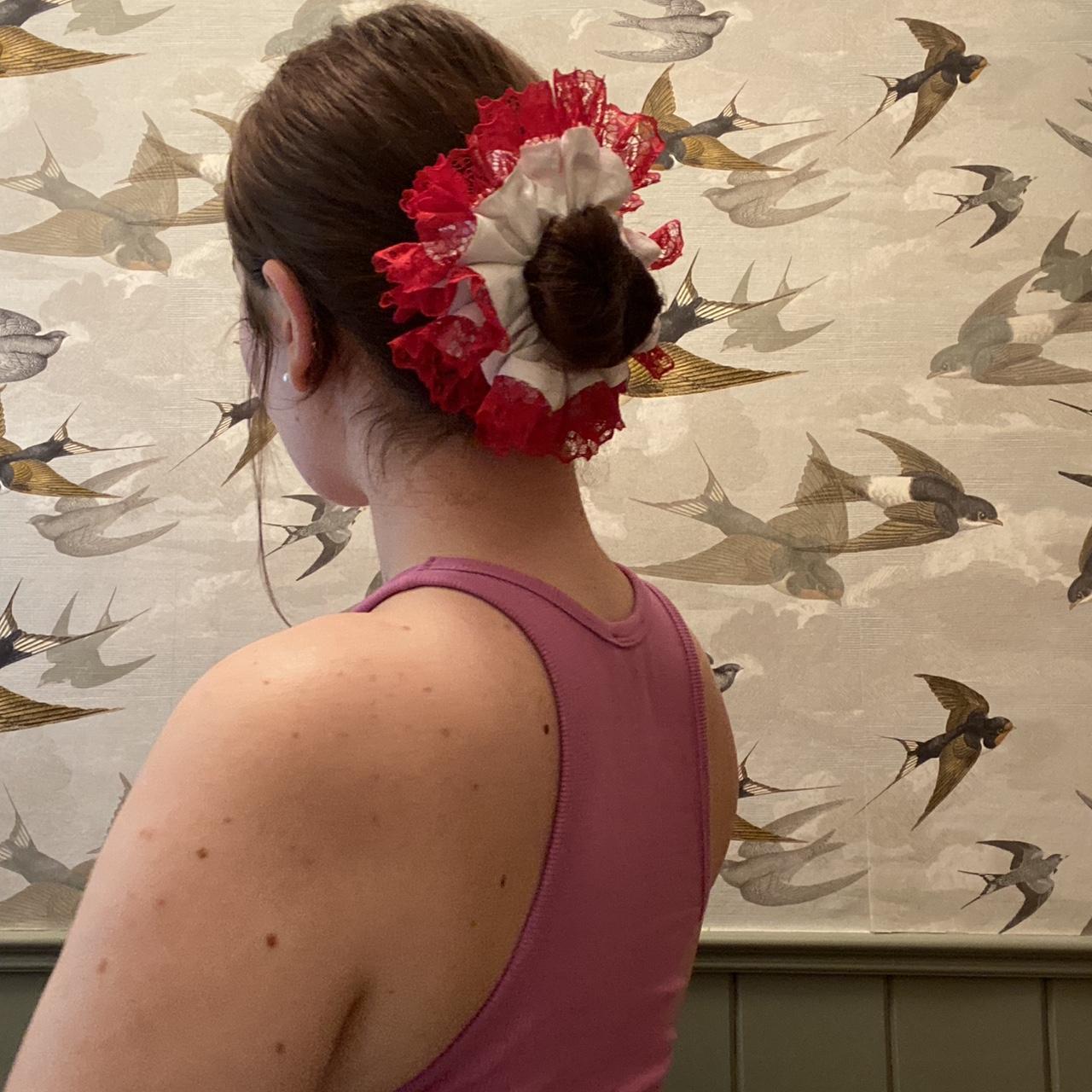 GIANT RUFFLE SCRUNCHIE white cotton scrunchie with... - Depop