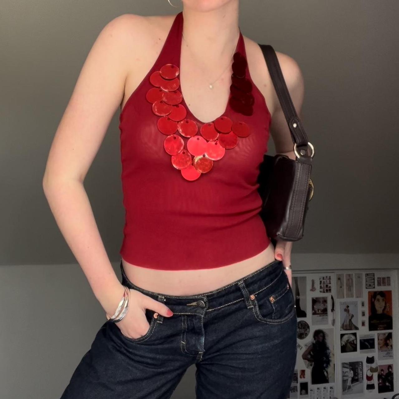 Beautiful red mesh halter top with sequin details... - Depop