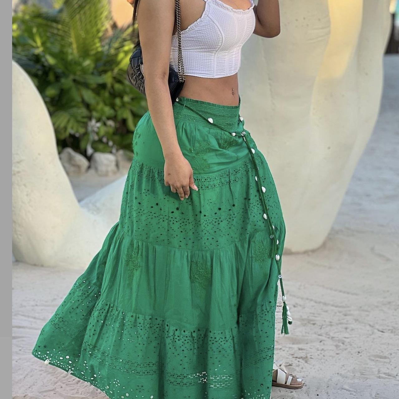 Zara Long Embroidered Maxi Skirt With Shells Green