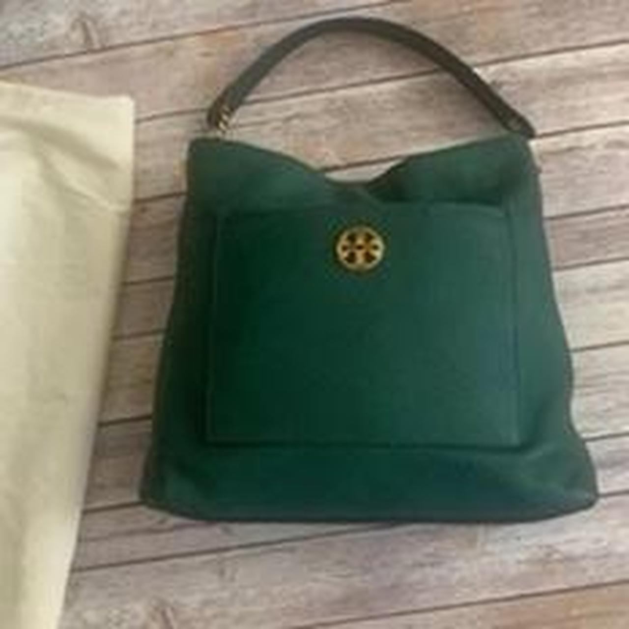 Tory Burch green suede and patent leather tote - Depop